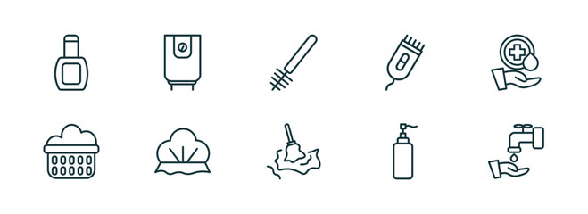 Poster - set of 10 linear icons from hygiene concept. outline icons such as varnish, water heater, toilet brush, wet cleaning, pump bottle, ablution vector