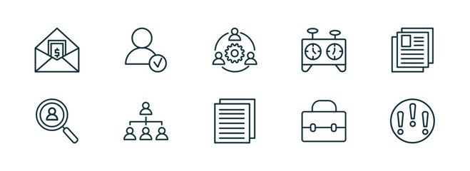 Poster - set of 10 linear icons from human resources concept. outline icons such as salary, hired, work team, files, career, problems vector