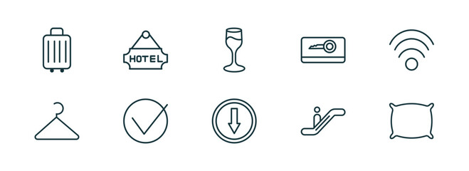 set of 10 linear icons from hotel and restaurant concept. outline icons such as luggage, hotel, wine glass, go down, or, pillow vector