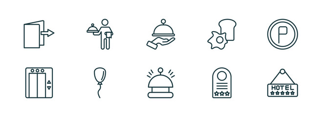 Poster - set of 10 linear icons from hotel and restaurant concept. outline icons such as check out, servant, restaurant tray, reception bell, door hanger, hotel vector