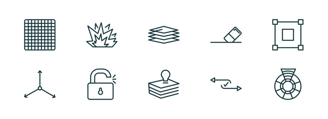Poster - set of 10 linear icons from geometry concept. outline icons such as grids, explode, layer, base, flow, color wheel vector