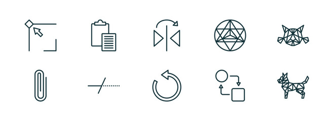 Poster - set of 10 linear icons from geometry concept. outline icons such as edit corner, paste clipboard, mirror horizontally, rotate, transform, polygonal dog vector