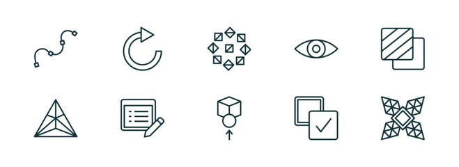 Aufkleber - set of 10 linear icons from geometry concept. outline icons such as spline, redo, polygonal ornament, front, select all, polygonal windmill vector