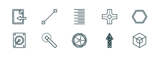 Poster - set of 10 linear icons from geometry concept. outline icons such as import, lengthen, right align, ennegon, polygonal arrow up, hexahedron vector