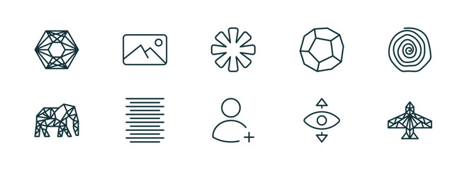 Poster - set of 10 linear icons from geometry concept. outline icons such as polygonal hexagonal, background, asterisk, join, perspective, polygonal jet aircraft vector