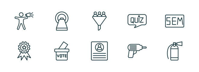 Poster - set of 10 linear icons from general concept. outline icons such as leader with loudspeaker, mri scanner, lead conversion, profile list, perforator, fire estinguisher vector