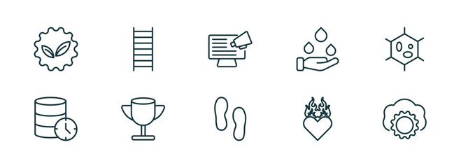 Poster - set of 10 linear icons from general concept. outline icons such as go green badge, stepladder, social campaign, steps, heart in flames, saas vector