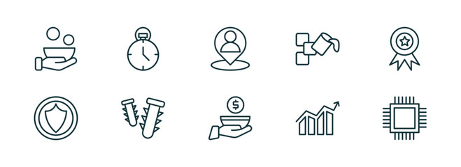 Poster - set of 10 linear icons from general concept. outline icons such as poverty, analog stopwatch, placement, poor, marketing strategy, patch crop vector