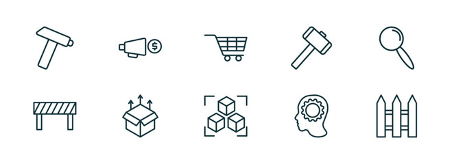Poster - set of 10 linear icons from general concept. outline icons such as nail puller, marketing budget, shopping trolley, model preparation, realization, wooden fence vector