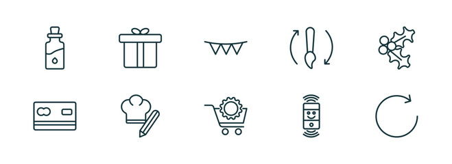 Poster - set of 10 linear icons from general concept. outline icons such as massage oil, gift box with ribbon, party decoration, procurement, smart assistant, clockwise vector