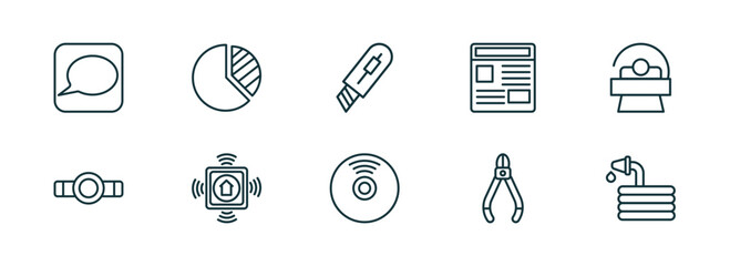 Poster - set of 10 linear icons from general concept. outline icons such as message app, market share, stationery knife, cd record, nippers, hose with drops vector