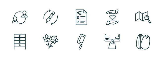 Poster - set of 10 linear icons from general concept. outline icons such as on coaching, brush history, marketing plan, fretsaw, balancer, nuts vector