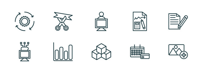 Wall Mural - set of 10 linear icons from general concept. outline icons such as implementation, inauguration, coworking, ar platform, annual fee, add photos vector