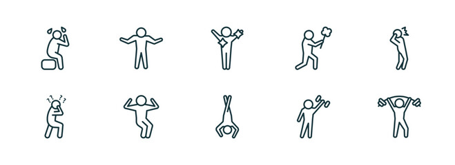 Poster - set of 10 linear icons from feelings concept. outline icons such as depressed human, confident human, fresh human, bored strong pumped vector