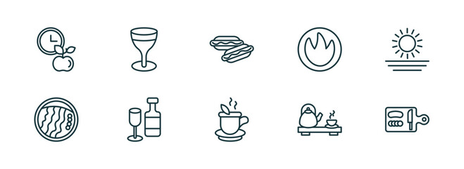 Poster - set of 10 linear icons from food concept. outline icons such as time to have a break, cup of wine, hotdog, hot herbal, tea ceremony, chop vector