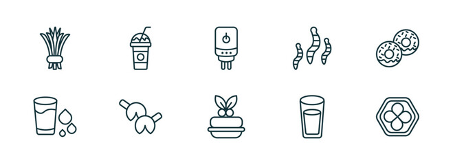 Wall Mural - set of 10 linear icons from food concept. outline icons such as chives, milk shake, boiler, marzipan, water glass, king cake vector