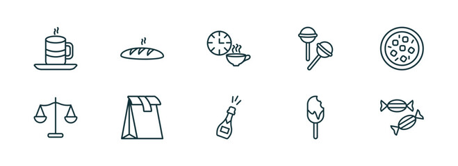 Poster - set of 10 linear icons from food concept. outline icons such as warm cup and plate, french bread, tea time, champagne bottle, bitten ice cream, sugar container vector