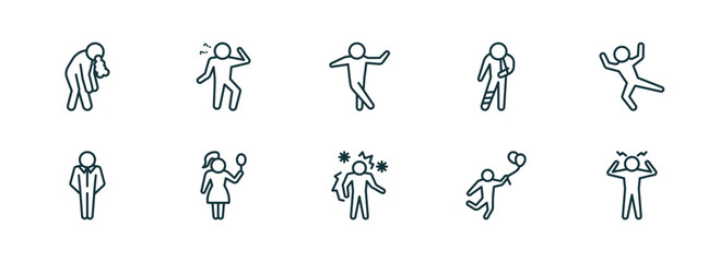 Poster - set of 10 linear icons from feelings concept. outline icons such as sick human, curious human, funny human, chill hopeful aggravated vector