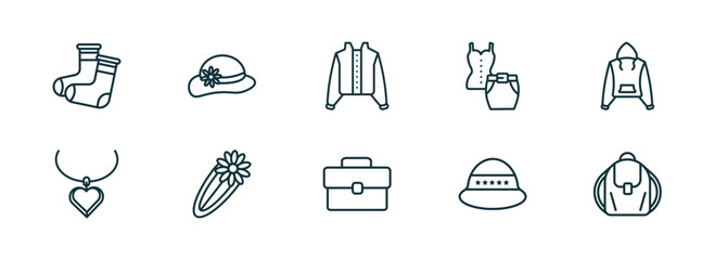 Poster - set of 10 linear icons from fashion concept. outline icons such as warm sock, round hat, jacket with buttons, office briefcase, general helmet, shoulder bag vector
