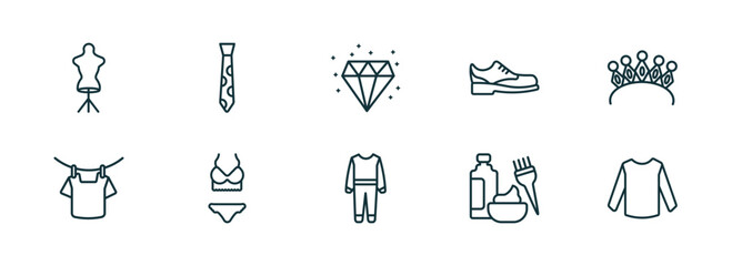 Poster - set of 10 linear icons from fashion concept. outline icons such as dressmaker, stripped tie, diamond precious stone, working coverall, hair dye, long sleeves vector