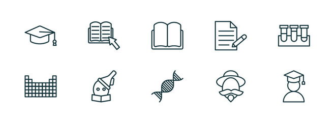 Poster - set of 10 linear icons from education concept. outline icons such as graduation hat, ebook, open book black cover, dna, don quixote, student vector