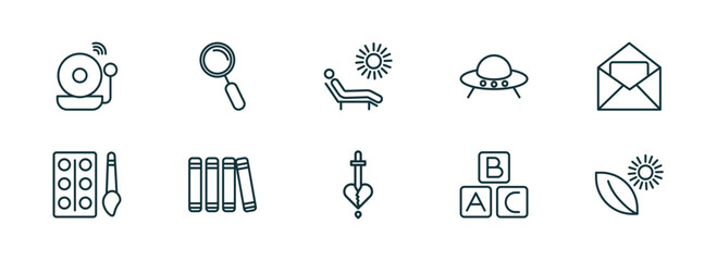Poster - set of 10 linear icons from education concept. outline icons such as school bell, magnifying glass, leisure, romeo and juliet, abc, photosynthesis vector