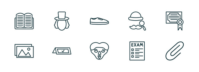 Poster - set of 10 linear icons from education concept. outline icons such as reading, eugene onegin, shoe, quasimodo, exam, attachment vector