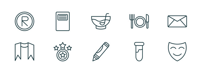 Poster - set of 10 linear icons from education concept. outline icons such as registered, book of black cover, punch bowl, crayon, tube, comedy mask vector