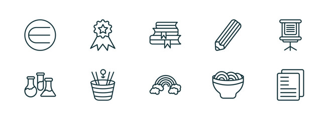 Poster - set of 10 linear icons from education concept. outline icons such as is an element of, top, stack of books, basic rainbow, mie, folded written paper vector
