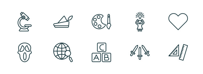 Poster - set of 10 linear icons from education concept. outline icons such as microscope, robin hood, paint palette, alphabet, three musketeers, rulers vector