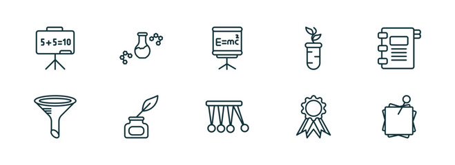 Poster - set of 10 linear icons from education concept. outline icons such as math class, chemical content, relativity formulae, newton cradle, medallion, sticky note vector
