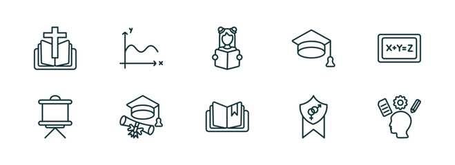 Poster - set of 10 linear icons from education concept. outline icons such as bible, sinusoid, reading book, book with marker, fraternity, intellectual vector