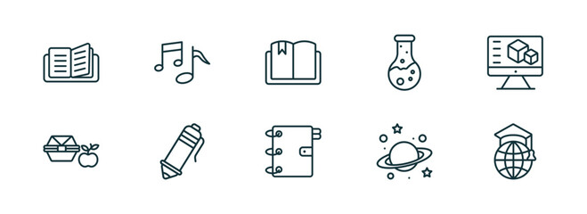 Poster - set of 10 linear icons from education concept. outline icons such as reading an open book, song, book with bookmark, school agenda, planet saturn, international graduate vector