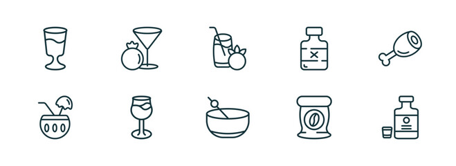 Poster - set of 10 linear icons from drinks concept. outline icons such as mind eraser drink, pomegranate martini, tomato juice, greyhound drink, coffee bag, herbal liquor vector