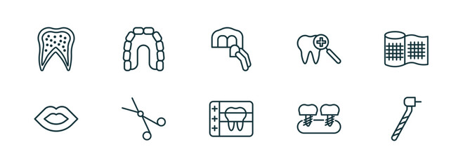 Poster - set of 10 linear icons from dentist concept. outline icons such as inner tooth, maxilla, dental veneer, radiograph, fake tooth, dentists drill tool vector