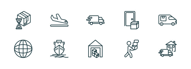Poster - set of 10 linear icons from packing and delivery concept. outline icons such as wait time, arrival, delivery truck, warehouse, delivery man, home vector