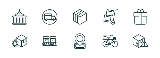 Poster - set of 10 linear icons from delivery and logistic concept. outline icons such as container hanging, shipping, box, localize, delivery by bike, delivery warning vector