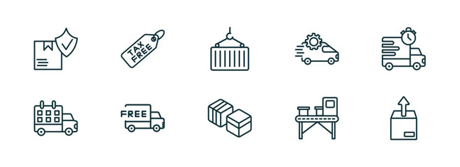 Poster - set of 10 linear icons from delivery and logistic concept. outline icons such as logistic protection, tax free, container, boxes, delivery x ray, unpacking vector