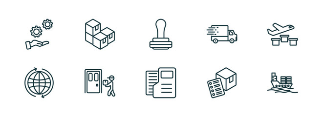 Poster - set of 10 linear icons from delivery and logistic concept. outline icons such as support, packages, pisco sour, dossier, delivery list, logistic ship vector