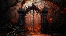 Rusty Wrought Iron Gate Surrounded By Overgrown Vines, Creating A Macabre Atmosphere For Halloween.
