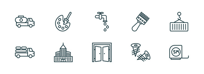 Poster - set of 10 linear icons from construction concept. outline icons such as fuel truck, pallete, stopcock, doors open, two screws, five meters ruler vector