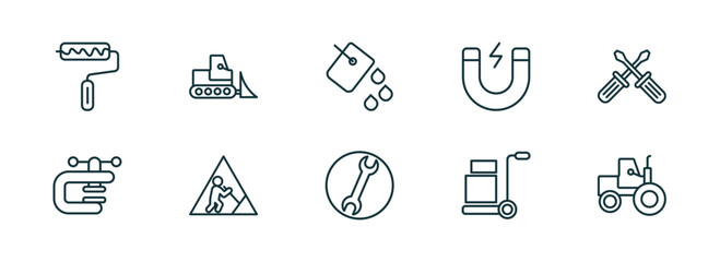 Poster - set of 10 linear icons from construction concept. outline icons such as roller and paint, bulldozer, paint bucket, round wrench, trolley with cargo, steamroller vector