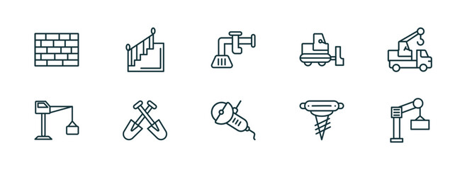Poster - set of 10 linear icons from construction concept. outline icons such as brickwall, stairs with handle, adjusment system, angle grinder, pickaxes drilling, derrick with boxes vector