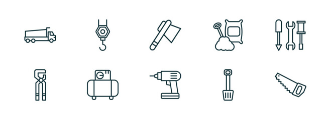 Poster - set of 10 linear icons from construction concept. outline icons such as tipper, pulley hook, inclined ax, electric drill, inclined shovel, big saw vector