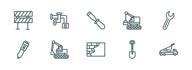Poster - set of 10 linear icons from construction concept. outline icons such as barrier, adjustment system, chisel, concrete, interior de, dump truck vector