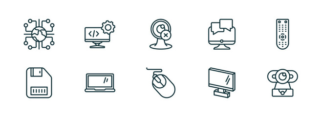 Poster - set of 10 linear icons from computer concept. outline icons such as information network, develope, webcam disconnected, computer mouse device, 3d screen, webcamera vector