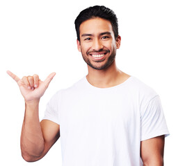 Poster - Shaka, sign language and portrait of man with smile, kindness and isolated in a transparent or png background. Young student or happy person with icon, emoji and hand sign as greeting or surfs up