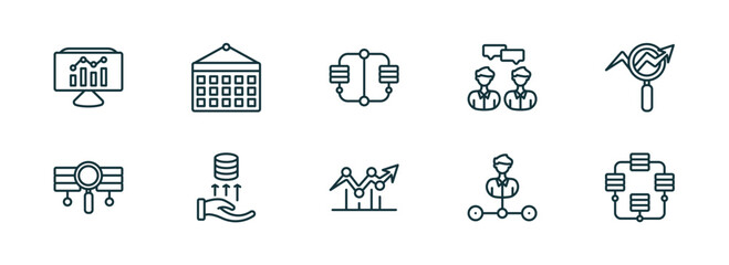 Wall Mural - set of 10 linear icons from business and analytics concept. outline icons such as bars graphic on screen, monthly wall calendar, connected data, dot, department head, database interconnected vector