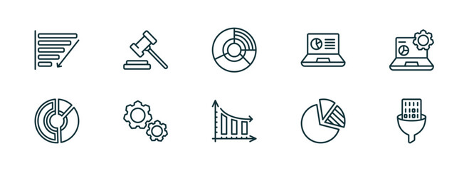 Poster - set of 10 linear icons from business and analytics concept. outline icons such as depleting chart, trial hammer, circular chart, bars chart analysis, pie diagram, funneling data vector