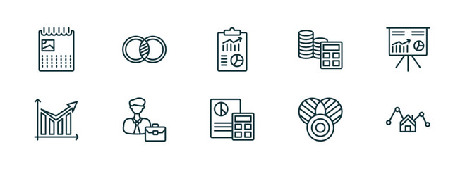 Poster - set of 10 linear icons from business and analytics concept. outline icons such as wall calendar, merge charts, business plan, accounting, merge charts, mortgage statistics vector